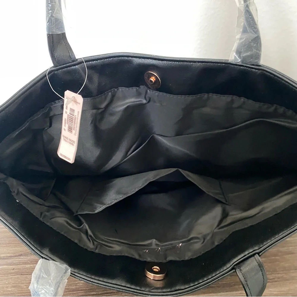 Victoria's Secret Black Fringe Tote Bag Purse Rose Gold Logo‎ 15x17